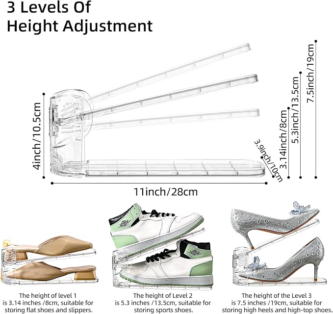 Shoe Slots Organizer,Elephant Shoe Rack Stable and Thick,Clear Shoe Stacker with 3 Adjustable Level for Sneakers Display (Transparent - Silver, 10Pack) - Image 3