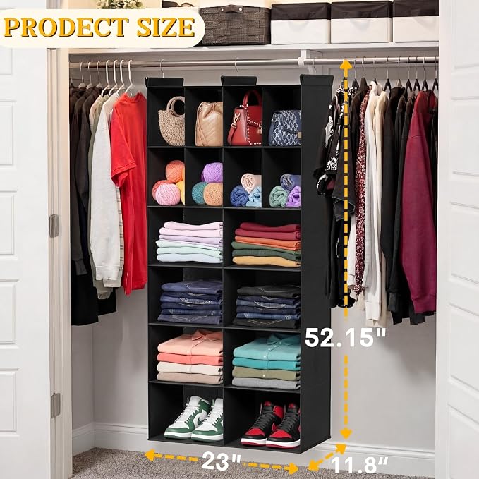 6 Tier Hanging Closet Organizer, 16 Compartments Dual Row Storage, Black | Closet Organizers and Storage with Large & Small Pockets, 3 Sturdy Hooks Support Heavy Loads, Ideal for Dorm, Garment Rack - Image 3