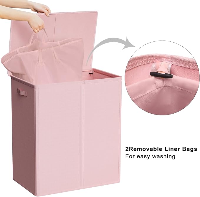 WOWLIVE 154L Double Laundry Hamper 2 Section with Lid and Removable Bags - Image 4