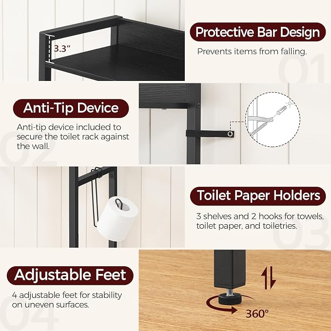 MAHANCRIS Over The Toilet Storage Rack, 3 Tier Bathroom Organizer Over Toilet, Freestanding Space Saver Toilet Stand with 2 Hooks, Bathroom Storage Shelf, Easy to Assemble, Black TSBK6001 - Image 5