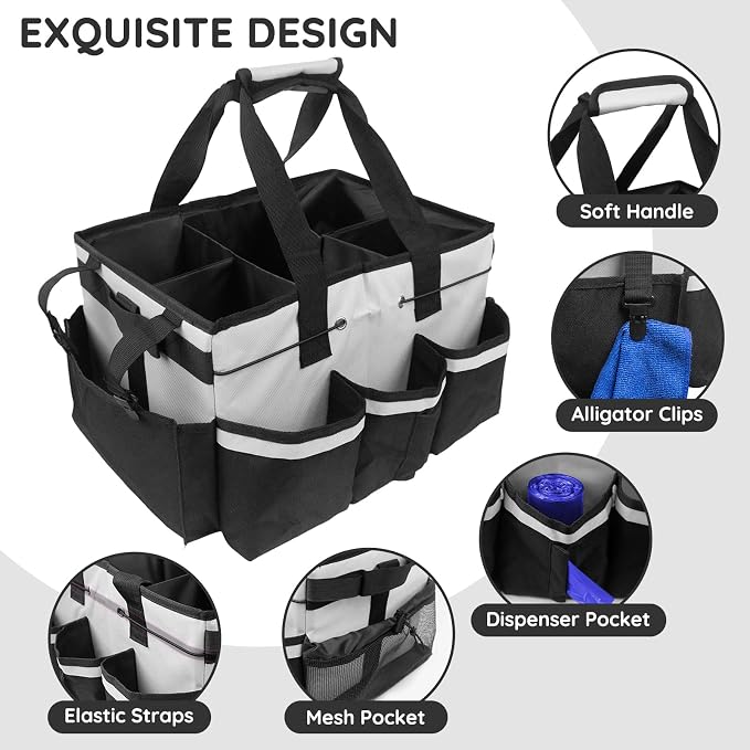 ZKOO Large Cleaning Caddy Bag with Handle, Built-in Sturdy Support Board, Adjustable Shoulder Strap, Multi-compartment Design Cleaning Supply Tote for Cleaners & Housekeepers (White) - Image 3