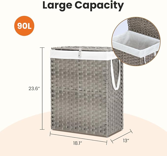 DUMOS Woven Laundry Basket with Lid, 90L Large Capacity Hamper, Removable & Machine-Washable Liner, Foldable Rattan Clothes Hamper, Sturdy Steel Frame, Odor Control, Dove Gray - Image 8