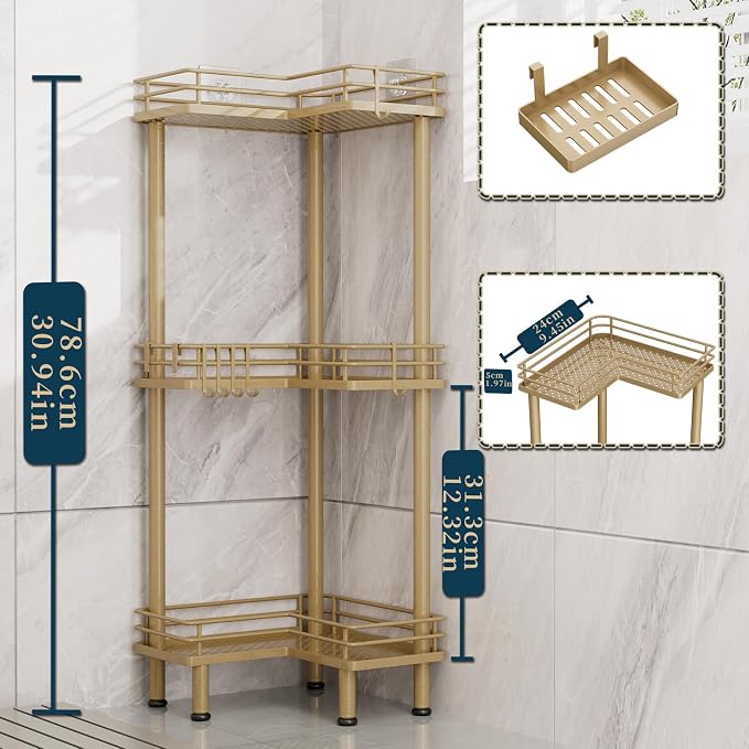 Consumest Corner Shower Caddy Standing - 3-Tier Stainless Steel Shower Organizer with Soap Holder and 4 Hooks, Large Capacity Corner Shelf Stand for Bathroom, Rest Room, Gold - Image 5