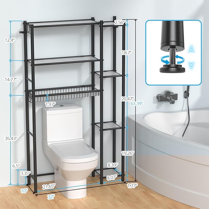 Hodonas Over The Toilet Storage Shelf - Bathroom Organizer Rack with 7-Tier Shelves, Adjustable Metal Shelf Above Toilet for Storage, Freestanding Bathroom Space Saver, Black - Image 3