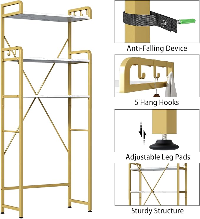 Over The Toilet Storage Rack with 3-Tier Shelves, Space Saver Toilet Shelf, Laundry Organizer with Hooks for Over Toilet Storage and Space Saver (White & Gold) - Image 6