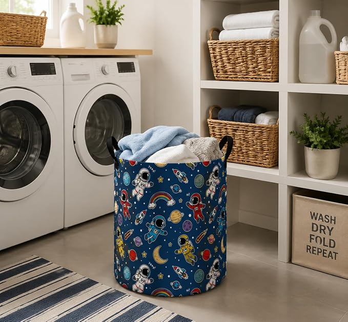 MAIZMZ Kids Storage Bin Astronaut Space Hamper,15.7" D x 19.7" H Waterproof Linen Laundry Basket with Leather Handles for Boys Room, Gifts - Image 3