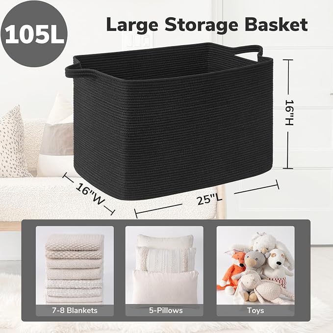 Goodpick 105L Extra Large Woven Rope Blanket Basket, Rectangle, Black - Image 3