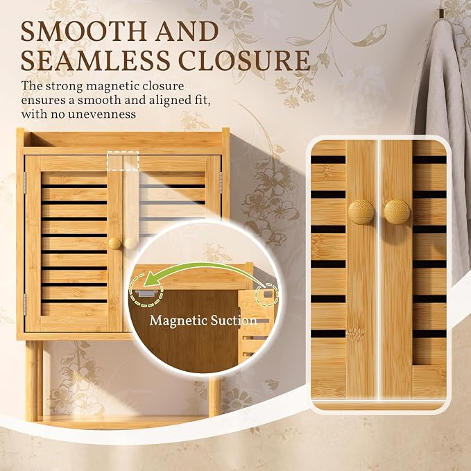 AmazerBath Bathroom Wall Cabinet, Bamboo Over The Toilet Storage Cabinet, Hanging Medicine Cabinets with Towel Bar, Wall Mounted Storage Shelf with Adjustable Shelves for Small Spaces - Image 4
