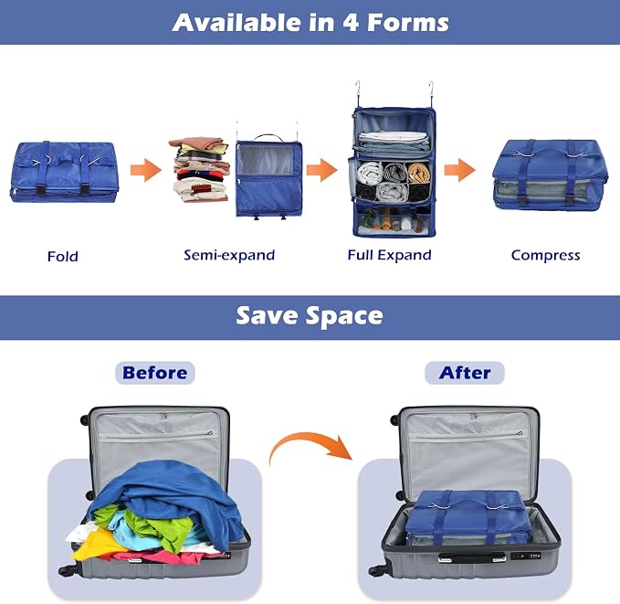 Surblue Hanging Shelves Travel Storage Bag Compression Packing Cube for Suitcase Portable Closet Organizer Collapsible with Extension Layer Large Capacity,Blue,XXL - Image 3