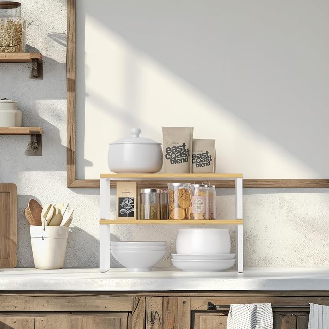NEX Kitchen Cabinet and Counter Shelf Organizer, Stackable & Expandable, Set of 4, White and Natural - 7.7 x 15.6 x 6.2'' - Image 6
