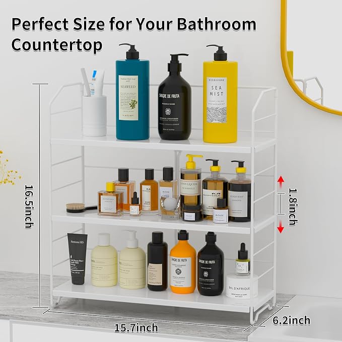 BOIVSHI Bathroom Countertop Organizer, 3-Tier Bathroom Counter Organizer, 8-Levels Height Adjustable, Bathroom Organizer for Kitchen, Livingroom, Office Storage, Metal White - Image 2