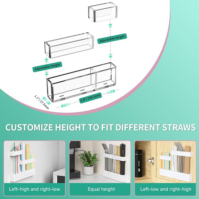 Acrylic Straw Organizer for Cabinet Door - 5.8'' Transparent Adjustable 3-Part Reusable Drinking Straw Holder Dispenser Kitchen Accessories Container Cupboard Door Mounted - Image 5