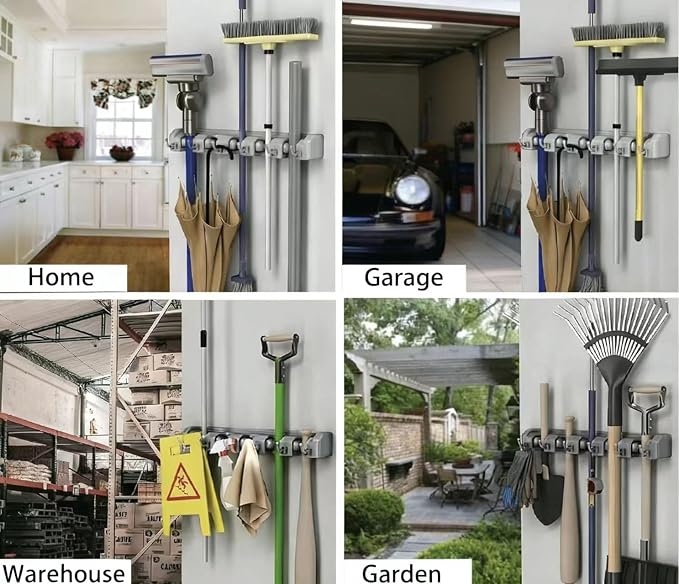 PP Plastic Multi-Function Broom & Mop Wall Mount Holder (16.93.352.36in, Gray) - Screw-Mounted Space Saver for Kitchen/Garage/Garden Tool Organization - Image 6