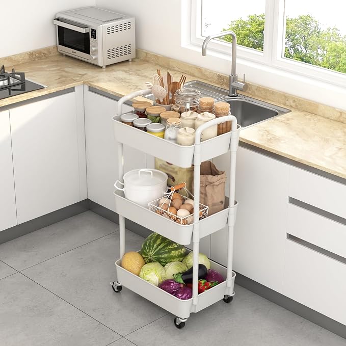 Sywhitta 3-Tier Plastic Rolling Utility Cart with Wheels for Storage,White - Image 4