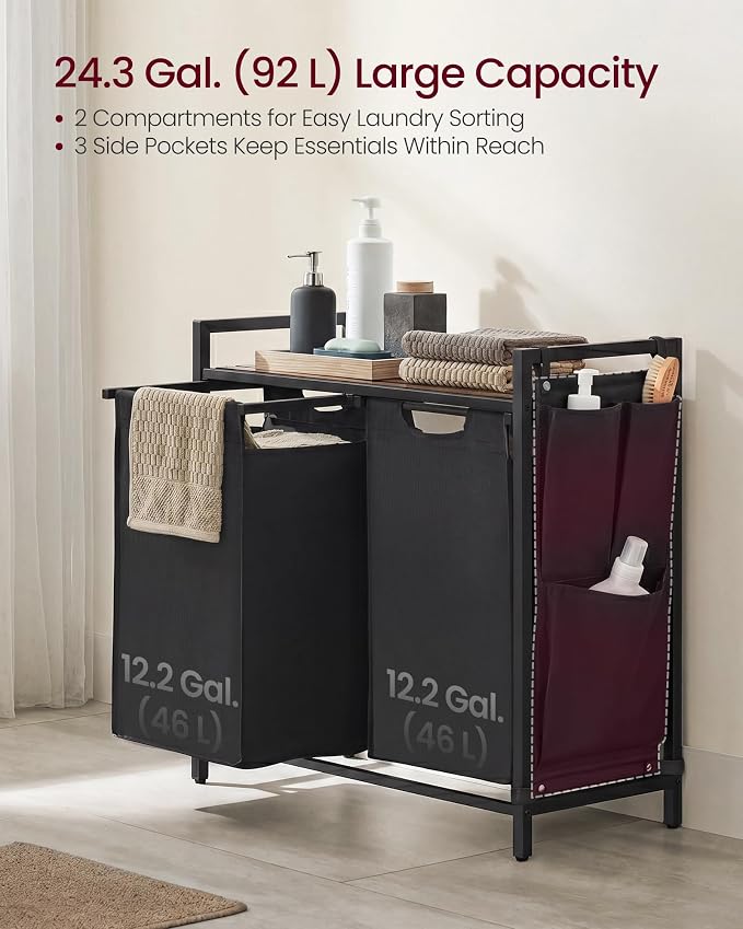 VASAGLE Laundry Hamper with Shelf, 2 Pull-Out Bags, 2 x 12.1 Gallons (46 L) - Image 3