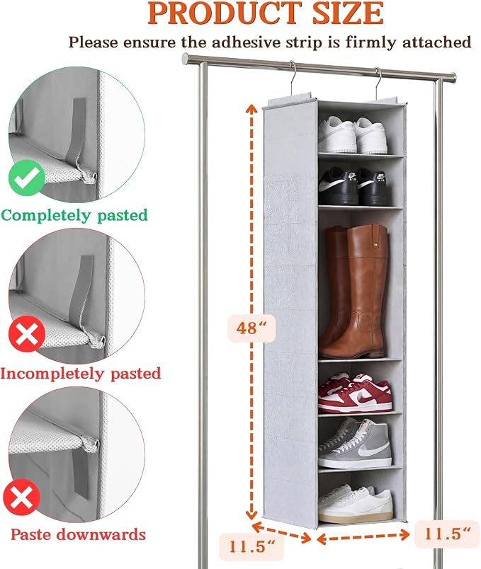 Hanging Shoe Organizer for Closet, 8 Tier Extra Wide Closet Shoe Organizer | Adjustable Shelf Height for Boots and Shoes, Heavy Duty Hanging Shoe Rack for Closet Rod, Space-Saving Shoe Storage Organizer - Image 4