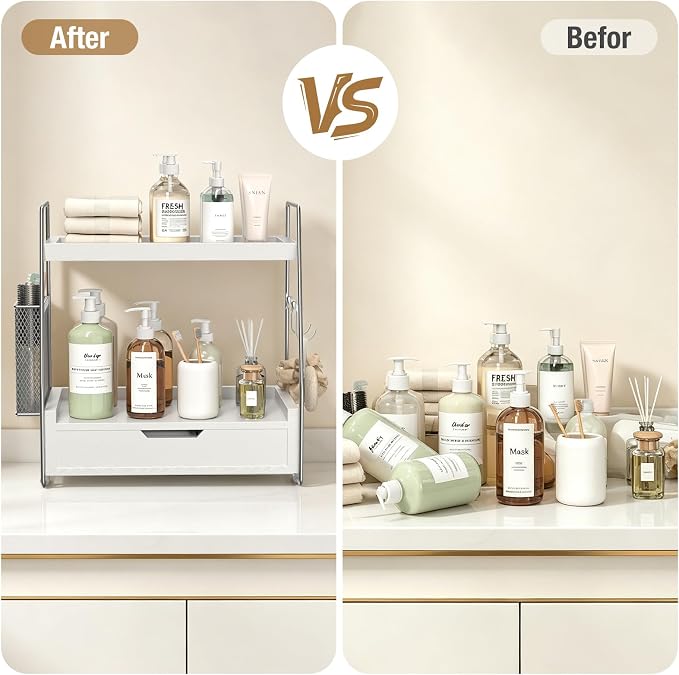 2-Tier Bathroom Counter Organizer with Drawer, Wood Counter Storage Shelf - Image 4