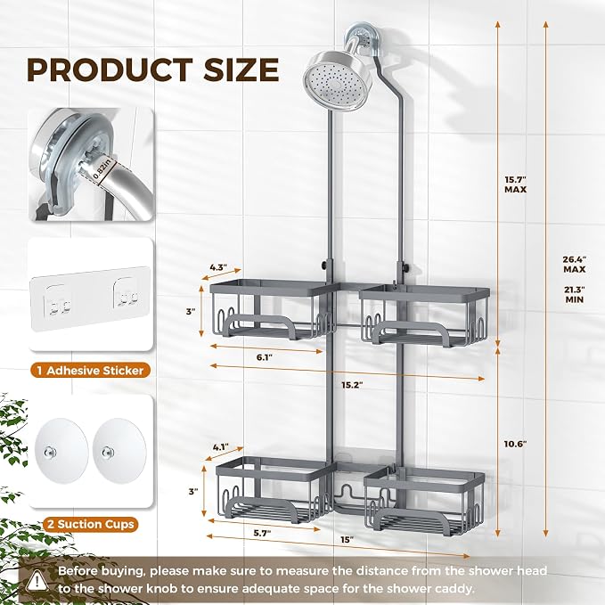 REINHARDT Split Shower Caddy Hanging for Handheld Showerheads, Grey - Image 6