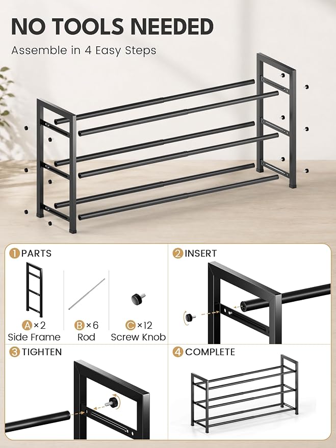 Bumusty 3 Tier Expandable Shoe Rack for Closet, Black | 18"-33" Adjustable Shoe Rack for Entryway, Small Shoe Organizer for Dorm, Front Door, Sturdy Metal - Image 8