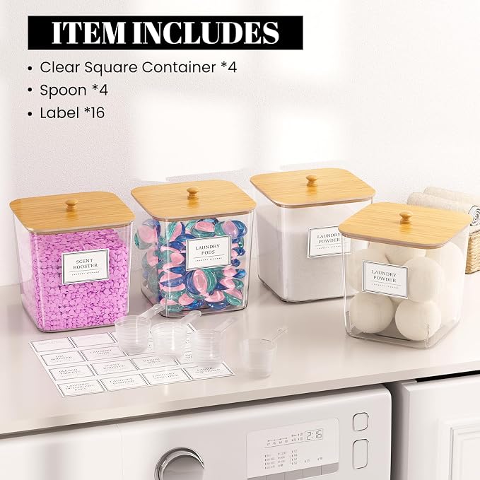 HomePekite Laundry Pods Storage Container, Clear Acrylic Laundry Room Organization and Storage ,Detergent Powder Container,with Wooden Lids & Labels, 4 Pack - Image 5
