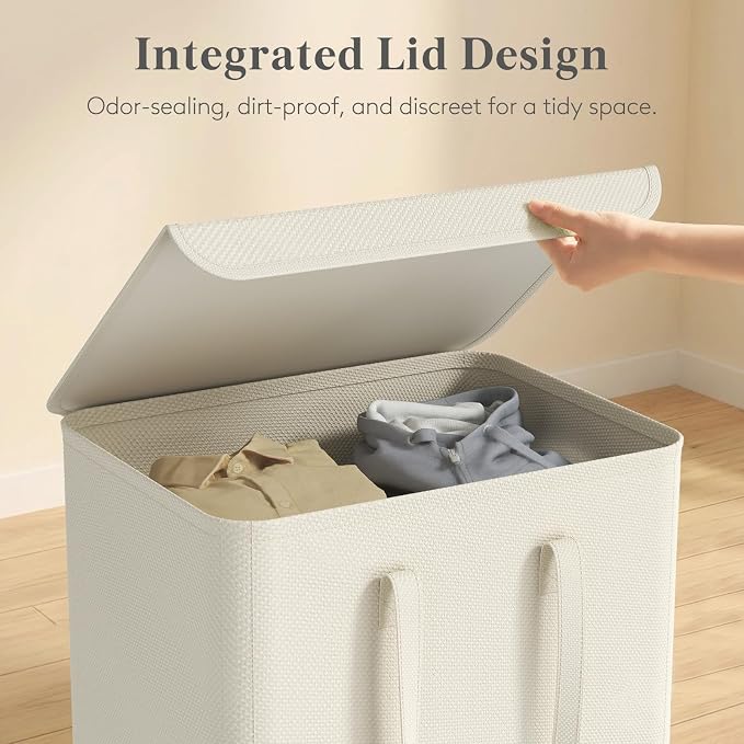 Lifewit 105L Laundry Basket with Lid and Long Handles, White - Image 3