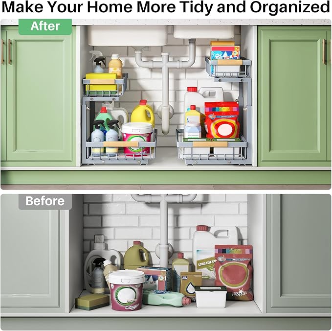 Kitstorack Under Sink Organizer, 2 Tier Under the Sink Storage, Slide out Pull out Cabinet Organizer Shelf, Metal Sliding Drawer for Kitchen Bathroom Pantry Closet Organization Rack, Grey, 1 Pack - Image 8
