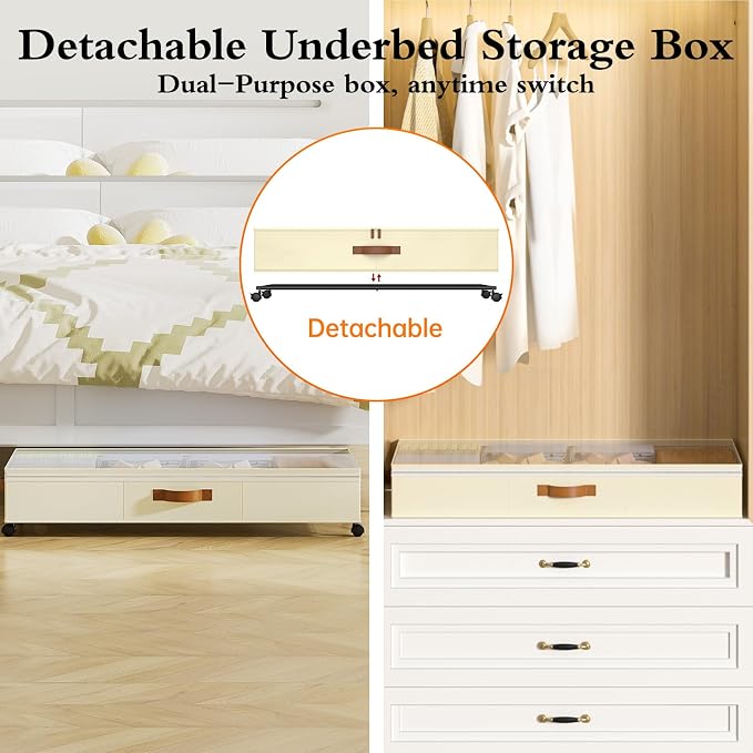 Yecaye Under Bed Storage with Wheels, 65L Under Bed Storage Containers with Adjustable Dividers & Clear Lid, Rolling Underbed Organizer Bins Drawer for Clothes, Shoes, Blankets, 2 Pack - Image 4