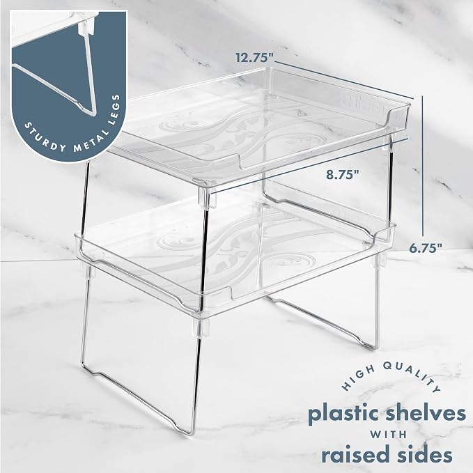 Masirs Clear Stackable Shelf, Easily Organize Your Kitchen Counter and Cabinet Shelves While Creating Extra Storage Space with This Foldable Translucent Plastic Shelf, (2-Pack) - Image 2