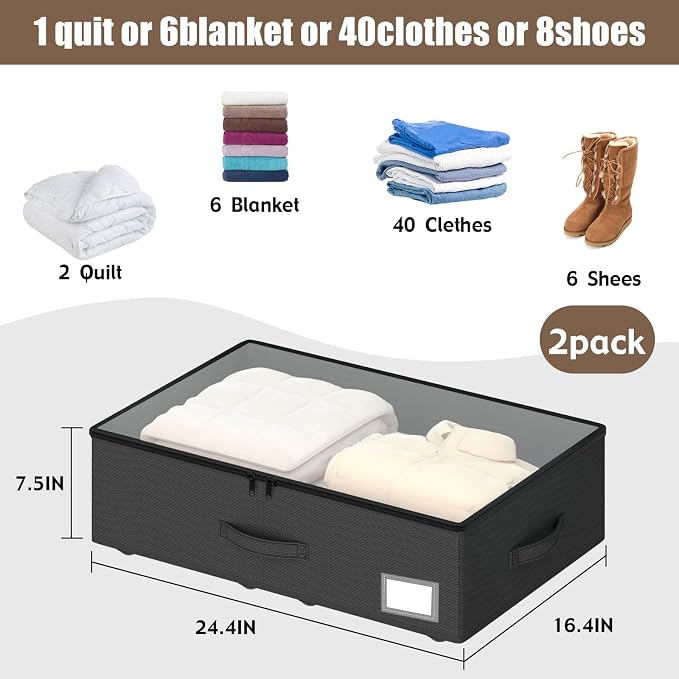 EE-RoomWorld Underbed Storage Bins with Wheels, No Assembly Required - 7.5 inch height Black Large Capacity Rolling Underbed Containers for Shoes, Dorm under bed storage drawers - Image 3