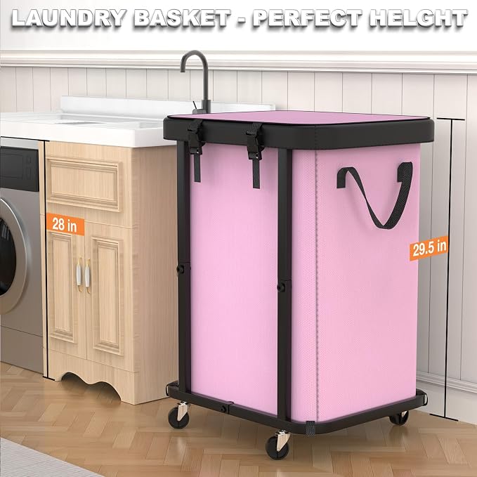 Laundry Basket with Wheels,150L (40 Gal) Rolling Hamper Carts - Pink - Image 4