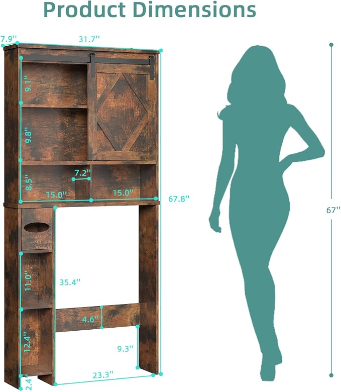 Over the Toilet Storage Cabinet with Farmhouse Sliding Barn Door, Above Toilet Organizer with Toilet Paper Holder Stand, Behind Toilet Shelf, Space Saver for Restroom, Bathroom, Laundry, Brown - Image 2