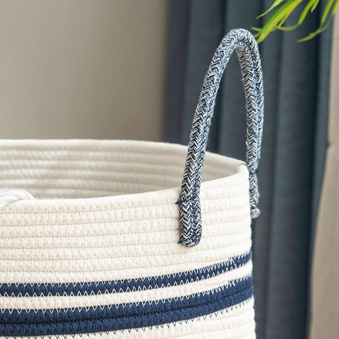 Woven Rope Laundry Hamper Basket by YOUDENOVA, 58L Tall Luandry Basket, Baby Nursery Hamper for Blanket Storage in Bedroom-Large-Blue - Image 9