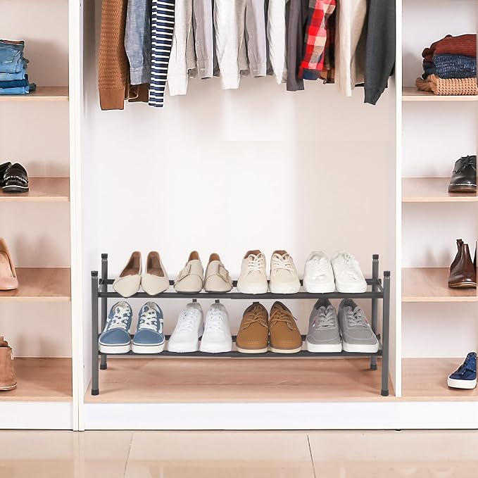 STORAGE MANIAC Expandable Shoe Rack for Closet, 8 Pairs Stackable Small Shoe Rack, Metal Adjustable Shoes Organizer for Entryway, Hallway, Garage, Front Door, Shoes Shelves, Black 2 Tier - Image 2