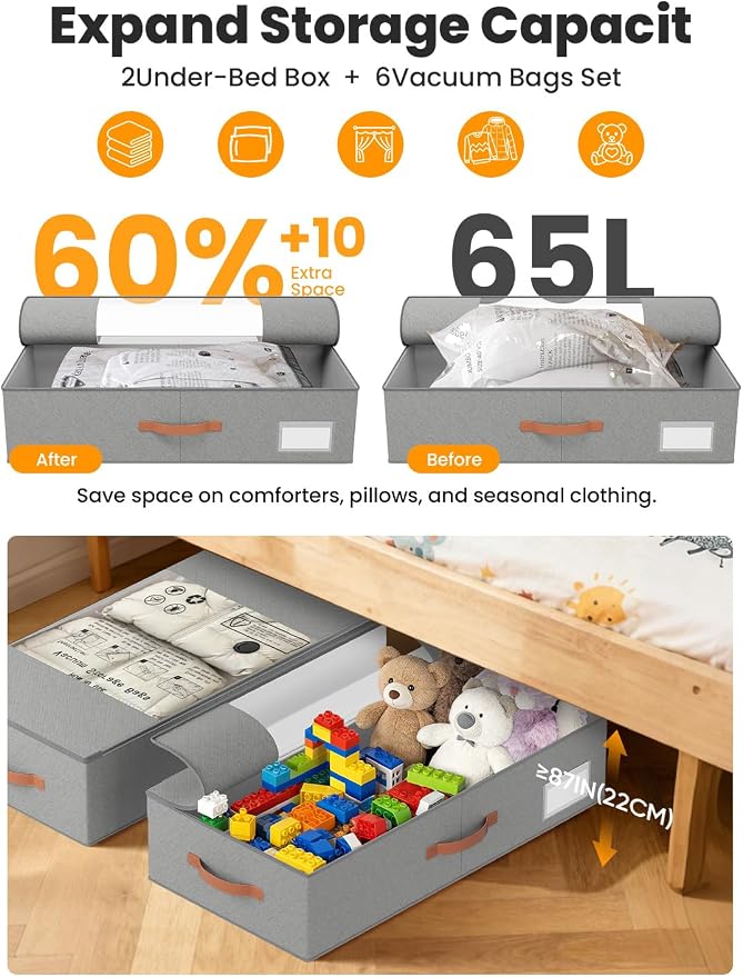 TOSKING 2-Pack Under Bed Storage Drawers with Wheels, 6 Vacuum Bags, 7.9" Height, Large 65L/80 lbs Clear Lid Rolling Bin, 900D Oxford, Space Saver for Dorm Bedroom, Blankets, Clothes, Shoes, Gray - Image 5