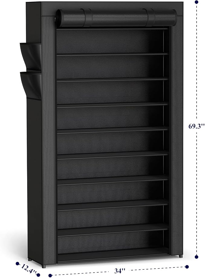 Kitsure 10-Tier Shoe Rack with Cover, Vertical Shelf, 33.6" Wide, Black | Space Saving Shoe Storage with Side Pocket, Shoe Organizer for Closet, Entryway, Bedroom, Zapateras Organizer - Image 2