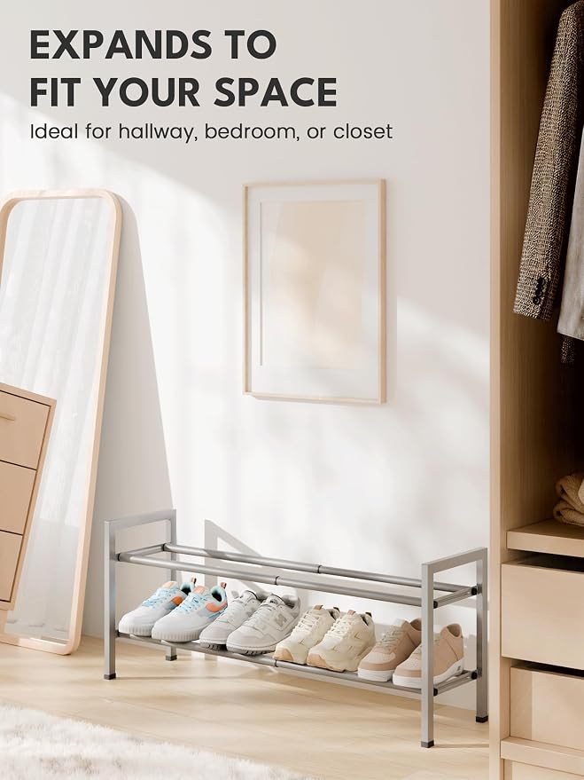 Bumusty 2 Tier Expandable Shoe Rack for Closet, Light Grey | 18"-33" Adjustable Shoe Rack for Entryway, Small Shoe Organizer for Dorm, Front Door, Sturdy Metal - Image 3