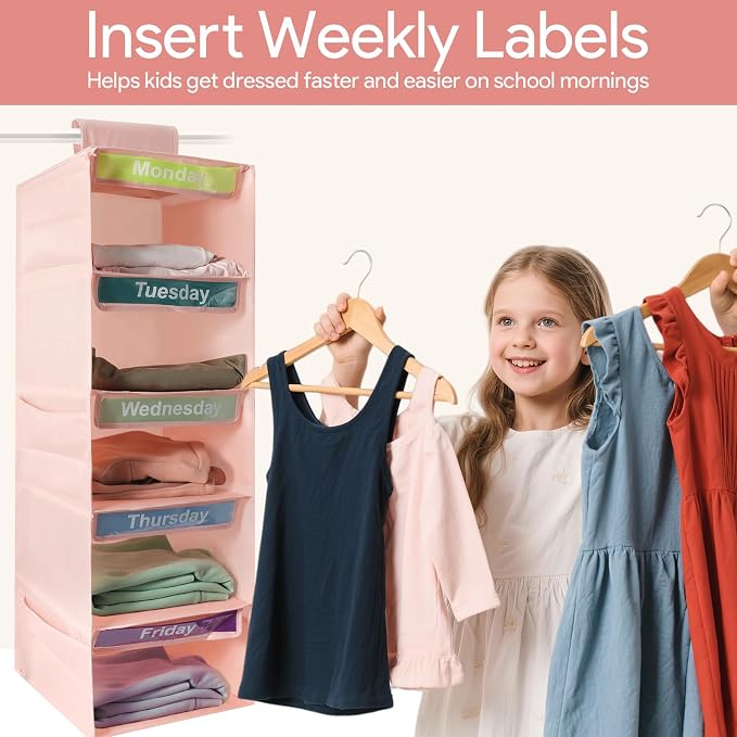 Weekly Clothes Organizer for Kids, Days of The Week Clothes Organizer with 6 Side Pockets, 5-Shelf Hanging Closet Organizer with Monday Through Friday Labels, Weekly Clothing Prepare & Divider - Image 6
