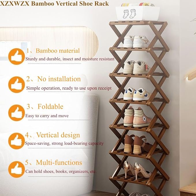 7 Tier Foldable Shoe Rack, Bamboo Vertical Shoe Organizer Tall for Multifunctional Narrow Shoe Shelf for Entryway, Closet, Corner, Bedroom, Hallway(Brown) - Image 4