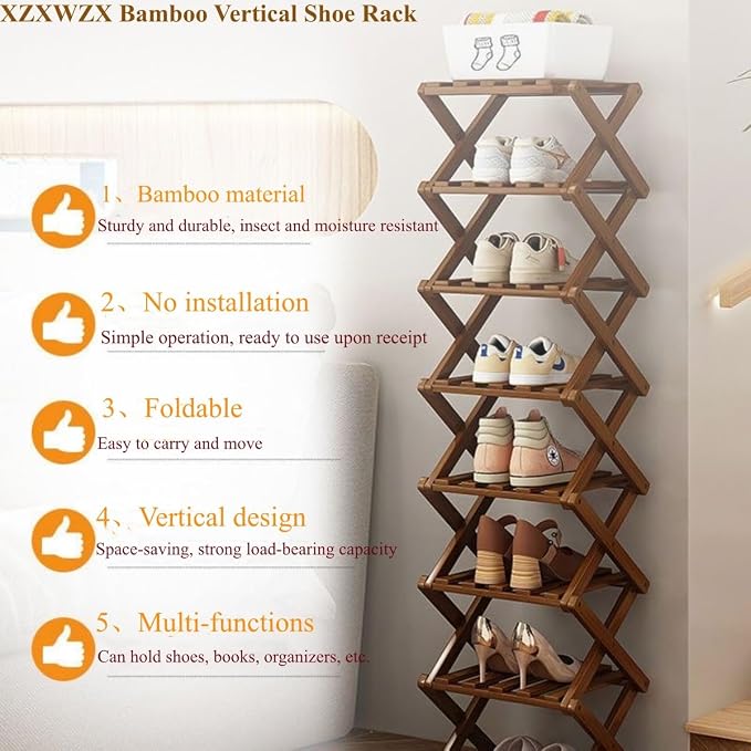 8 Tier Foldable Shoe Rack, Bamboo Vertical Shoe Organizer Tall for Multifunctional Narrow Shoe Shelf for Entryway, Closet, Corner, Bedroom, Hallway(Brown) - Image 4