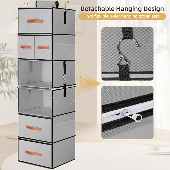 Hanging Closet Organizer 6-Shelf, Upgrade Closet Organizers and Storage with 5 Removable Drawers & 4 Side Pockets, Hanging Shelf Organizer for Bedroom or Garment Rack, 12.6'' x 12.6'' x 44.1'', Gray - Image 6