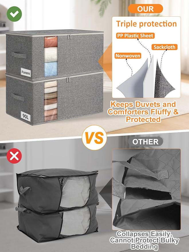 90L Structured King Size Comforter Storage Bag, 2 Pack Blanket Organizer - Image 2