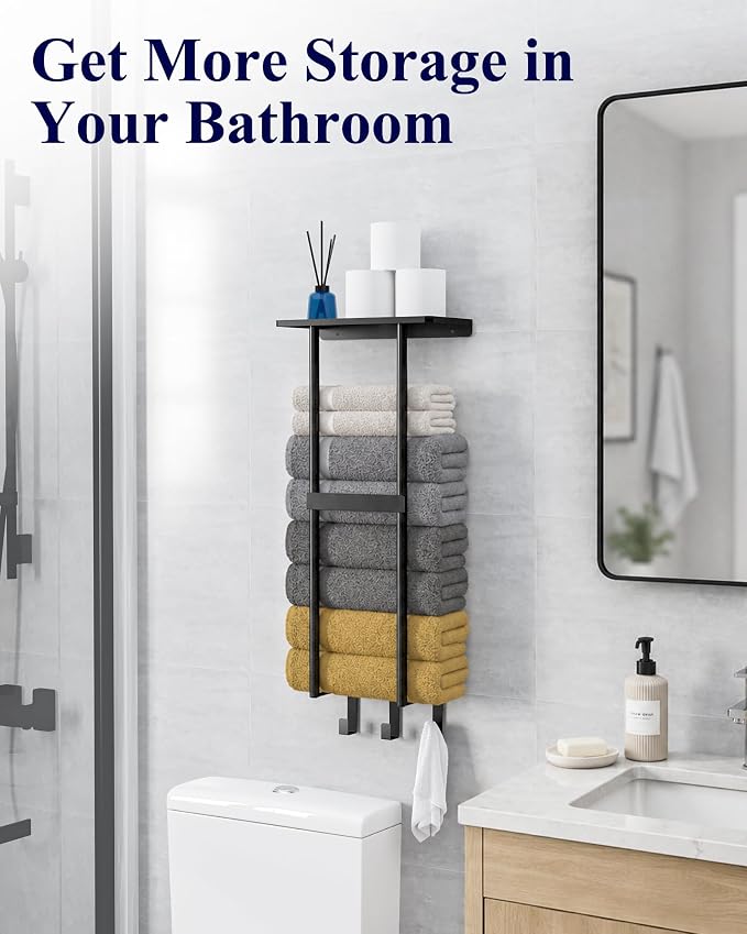 Kitsure Wall Mounted Towel Rack, Metal Towel Holder with Shelf, 29.3" H - Image 2