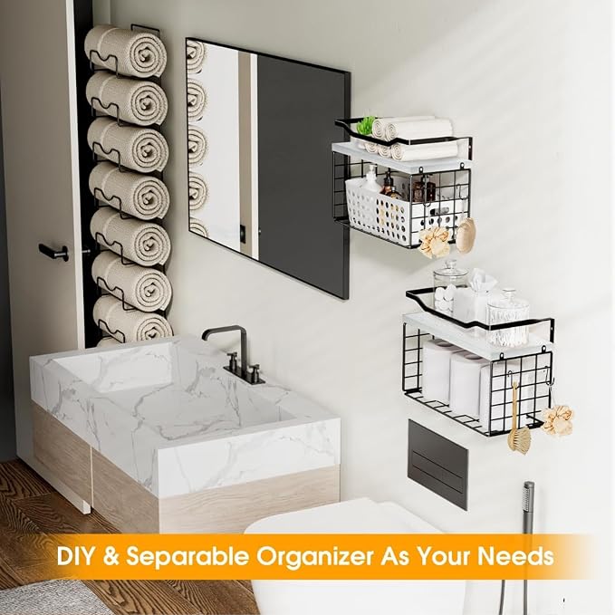 Towel Racks for Bathroom,Towel Rack Wall Mounted, 6 Tier Rolled Or Folded Towel Holder with Floating Shelves, Bathroom Towel Holder for Bath, Hand Towels,Metal,White Wood Panel - Image 3