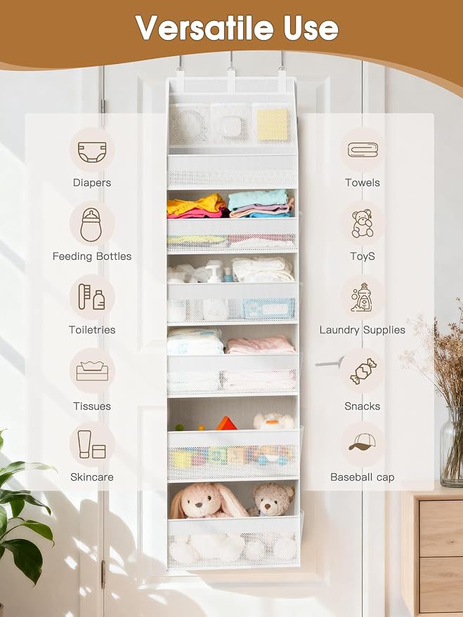 Criusia 2 Pack Over the Door Organizer, Heavy-Duty 6-Shelf Hanging Storage with 13 Mesh Pockets, 55lbs Capacity Behind the Door Storage for Nursery, Bathroom, Bedroom, and Dorm, White - Image 9