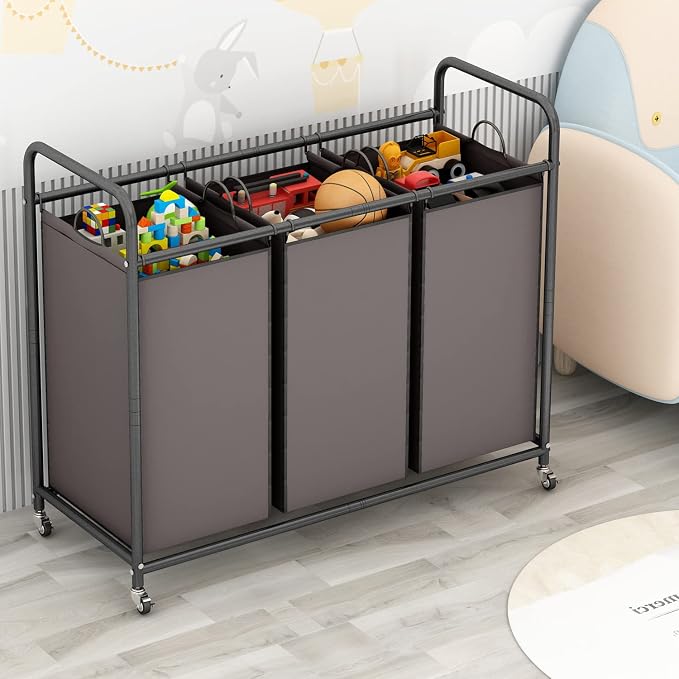 LINZINAR 3-Bag Laundry Sorter,Laundry Hamper Cart with Heavy Duty Rolling Lockable Wheels and Removable Bags (Brown) - Image 3