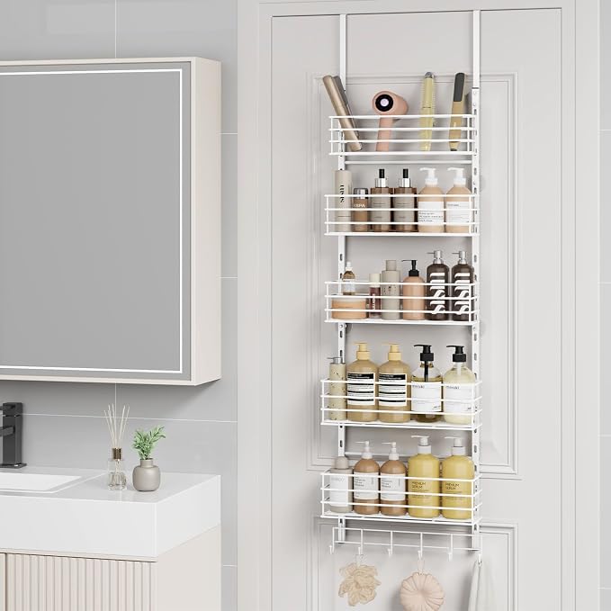 SWTYMIKI Over The Door Organizer - Door Organizer Hanging with 5 Adjustable Metal Large Capacity Basket and 6 Coat Hook, Wall Mounted Shelf for Bedroom Closet Bathroom Laundry Pantry Cabinet Kitchen - Image 6