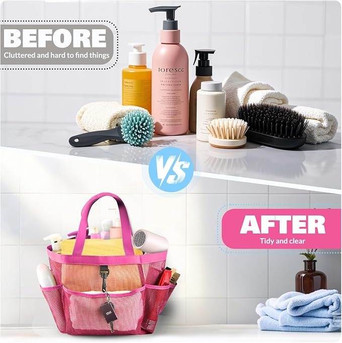 LOYEE Mesh Shower Caddy Portable for College Dorm Room Essentials with 8 Pockets, Shower Bag for Beach, Swimming, Gym, Travel, Bathroom(All rose pink) - Image 5