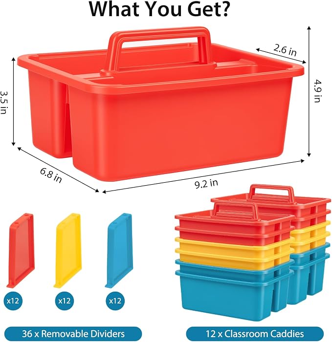 12 Pack Classroom Caddy, Plastic Caddies with Handle & Removable Dividers - Image 2