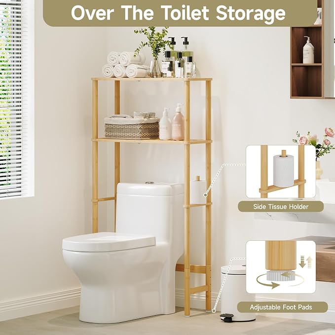 Over The Toilet Storage,2-Tier Bamboo Bathroom Shelf with Paper Holder - Image 2