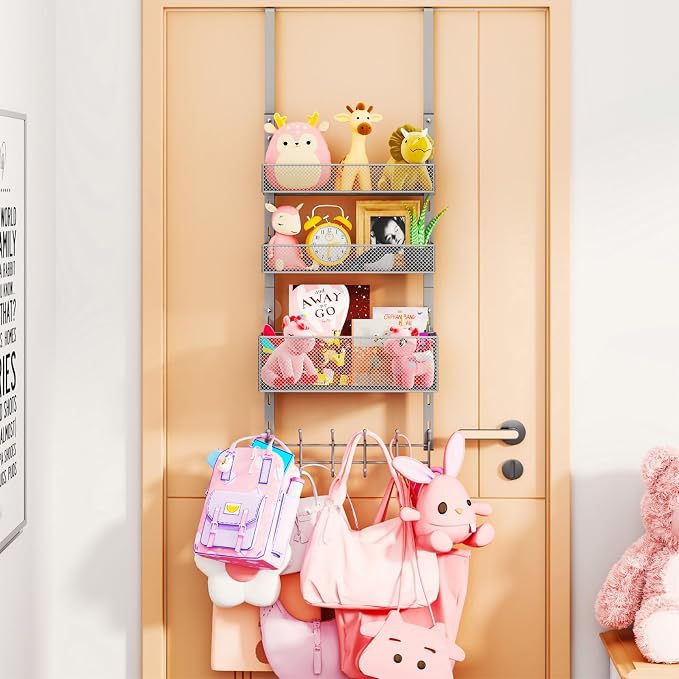 Consumest Over The Door Hooks Organizer - 4 Tier Door Coat Rack with 3 Baskets & 12 Hooks, Stainless Steel Towel Hanger for Bedroom, Bathroom, Living Room, Silver by Consumest
